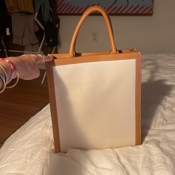 Authentic Celine Canvas Tote Small in Natural with Tan Trim Shoulder Handbag - Picture 4 of 6